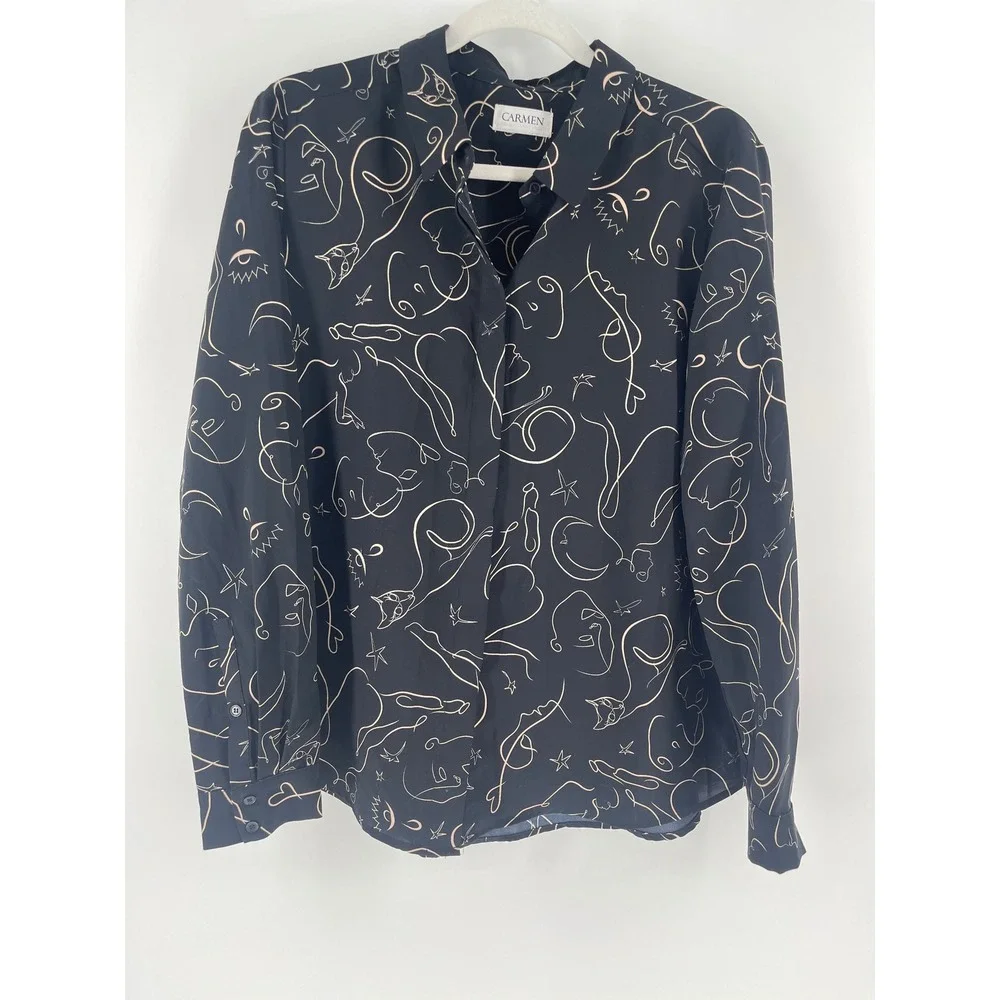 Carmen Marc Valo Black & Gold Art Deco Long Sleeve Button Down Blouse Size Large - Picture 2 of 7